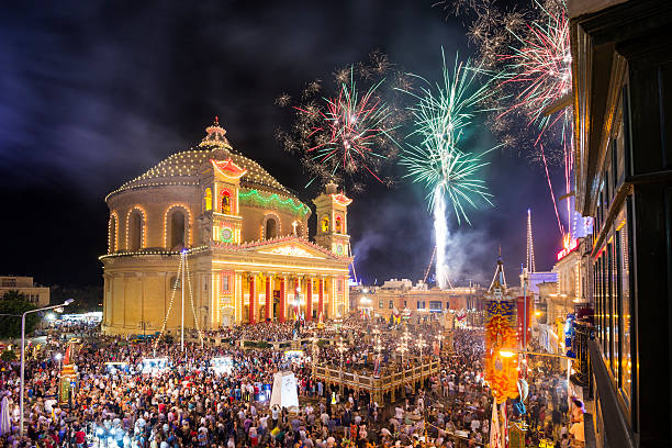 Mosta, Malta - 15 Aug. 2016: Fireworks at the Mosta festival stock photo