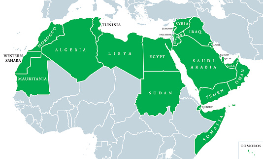 Arab World political map, also called Arab nation, consists of twenty-two arabic-speaking countries of the Arab League. All nations in green color, plus Western Sahara and Palestine. English labeling.