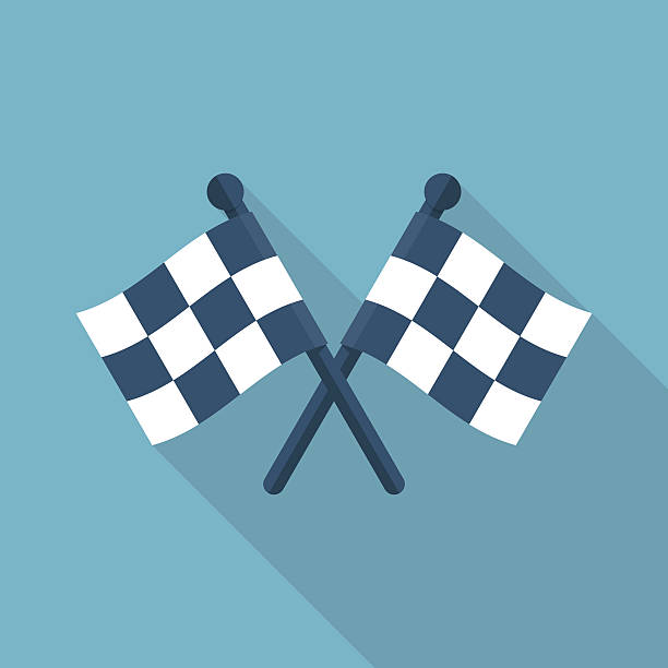Racing flag icon Racing flag icon flat style design. Isolated two checkered flag crosswise with a long shadow. Sport competitions. Sign of start and finish. Vector illustration. soapbox cart stock illustrations