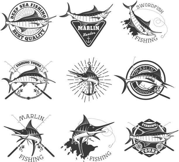 illustrazioni stock, clip art, cartoni animati e icone di tendenza di marlin pesca. icone del pesce spada. pesca d'altura. design elemen - pesca daltura