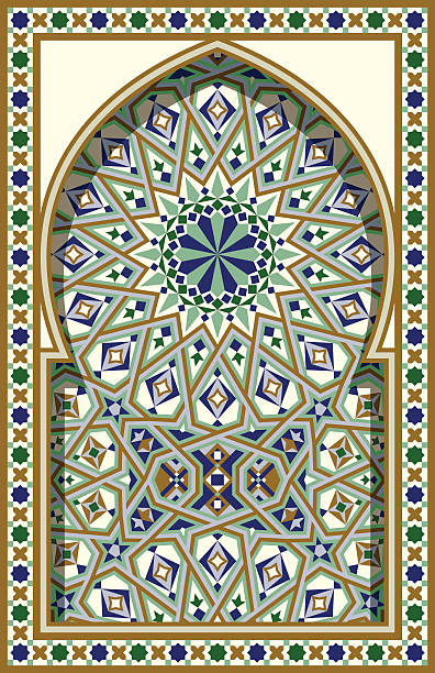 아랍어 아치. 전통적인 이슬람 배경. 모스크 장식 요소. - morocco islam pattern arabia stock illustrations