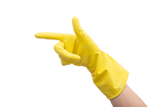 istock Hand with protective glove pointing with  finger isolated over white background 589561648