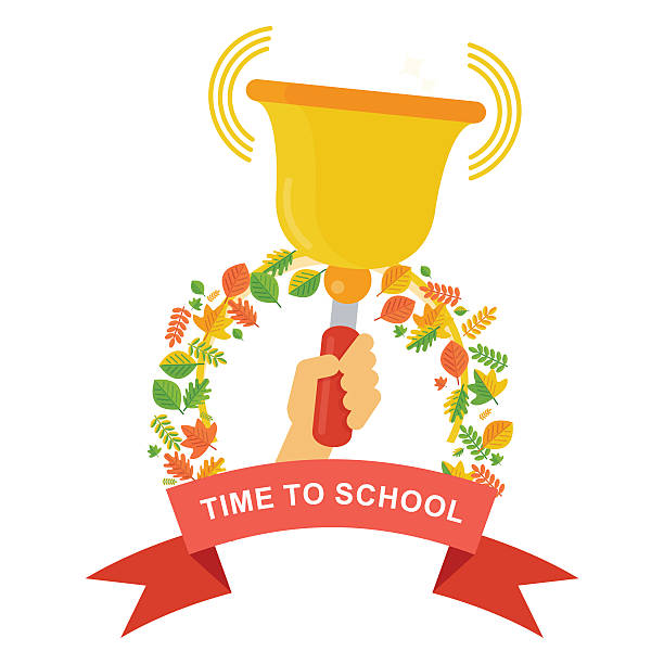 time to school poster Poster with vintage golden school hand-bell. Template for advertising brochures, flyers and infographics. Cartoon flat vector illustration. Objects isolated on a white background. school handbell stock illustrations