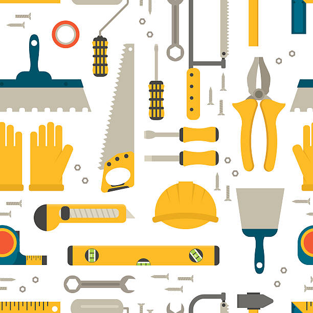 Seamless pattern construction tools vector. Seamless pattern construction tools vector equipment tool. Carpenter working table construction tools. Carpentry instrument spanner woodwork industry flat lay concept construction tools hammer work. white background level hand tool white stock illustrations