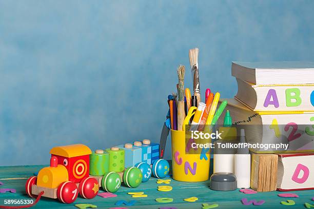 Back To School Background Stock Photo - Download Image Now - Toy, Preschool, Book