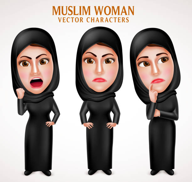 表情を持つ怒っているイスラム教徒のアラブ人の女性ベクター文字 - middle eastern ethnicity teenage girls women sadness点のイラスト素材／クリップアート素材／マンガ素材／アイコン素材