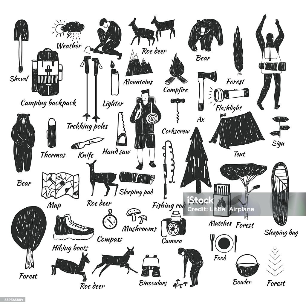 camping icons doodle text Vector hand drawn cartoon seamless camping icons. Picnic, travel and camping theme. Black and white camping icons. Textile, paper, polygraphy, game, web design Camping stock vector