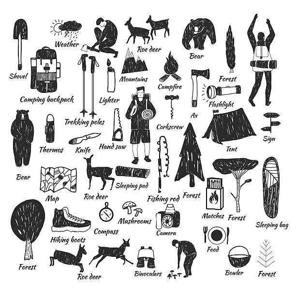 camping icons doodle text Vector hand drawn cartoon seamless camping icons. Picnic, travel and camping theme. Black and white camping icons. Textile, paper, polygraphy, game, web design hiking icons stock illustrations