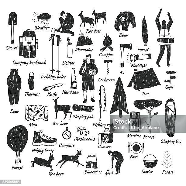 Camping Icons Doodle Text Stock Illustration - Download Image Now - Camping, Drawing - Activity, Icon Symbol