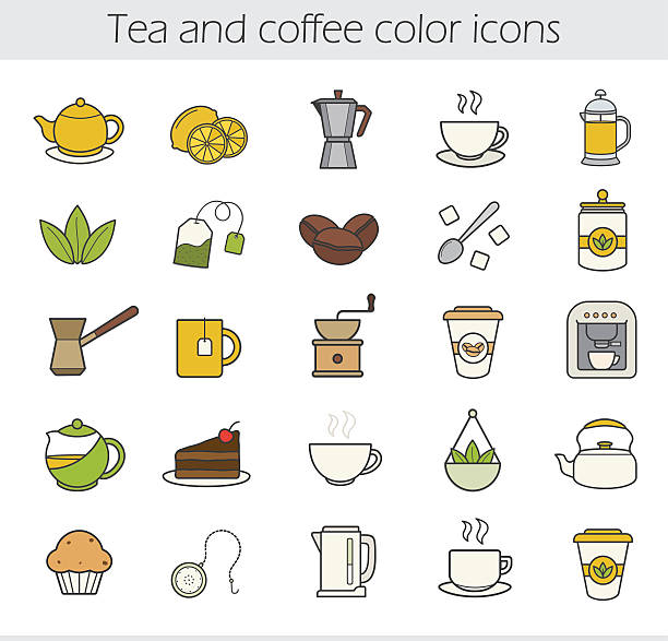 illustrazioni stock, clip art, cartoni animati e icone di tendenza di icone di tè e caffè - tea cup disposable cup tea sugar