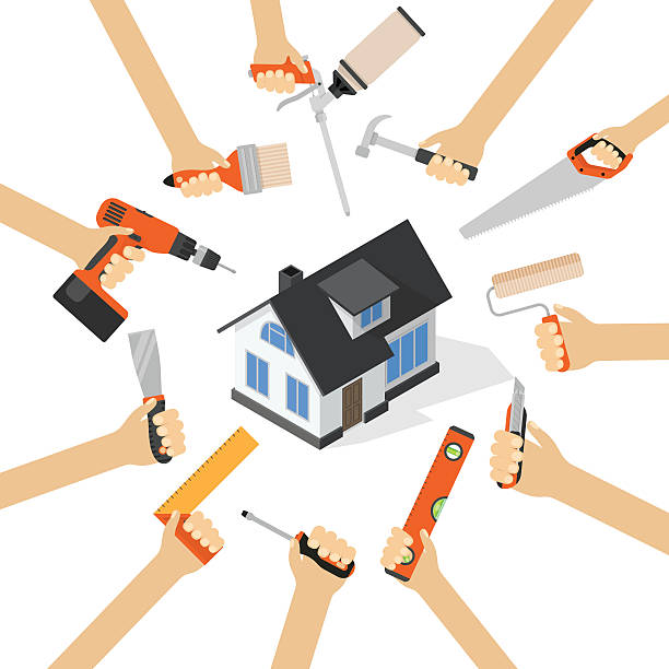 Hands with home repair diy renovation housework tools Hands with home repair diy renovation housework tools flat vector illustration with isometric house holding drill stock illustrations