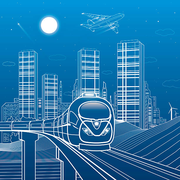 ilustraciones, imágenes clip art, dibujos animados e iconos de stock de tren moverse en el puente, montañas, ciudad nocturna en el fondo - urban scene railroad track train futuristic