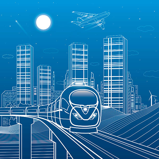 поезд двигаться по мосту, горам, ночному городу на заднем плане - urban scene railroad track train futuristic stock illustrations