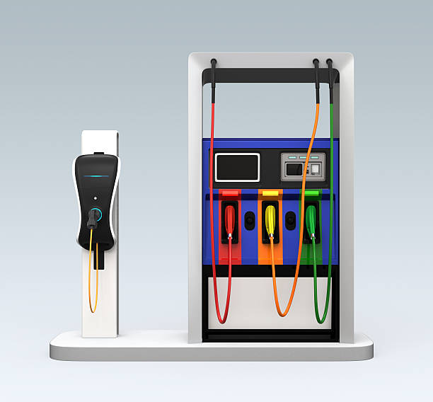 istock EV charging station and gas station isolated on gray background 589567818