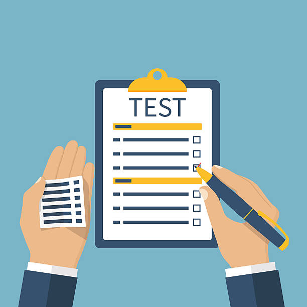 Cheat sheet in hand Man on the exam is tested. Cheat sheet in hand, cheating on the test. Dishonest student uses cheat sheet. dishonesty stock illustrations