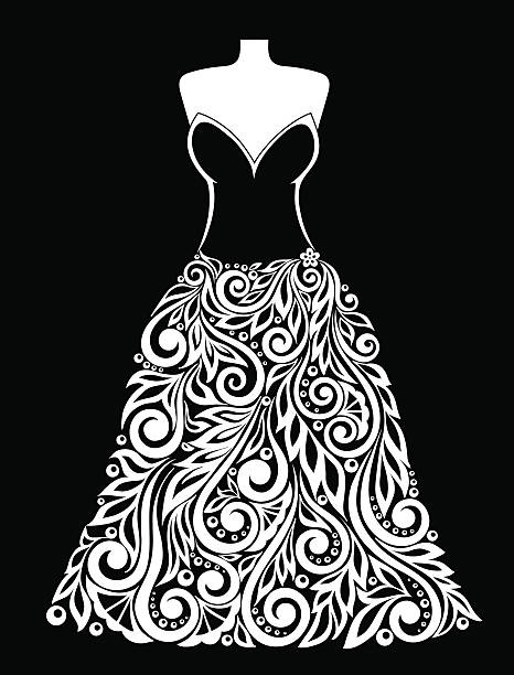 ilustrações de stock, clip art, desenhos animados e ícones de beautiful monochrome black and white wedding evening dress - child waiting in line in a row party