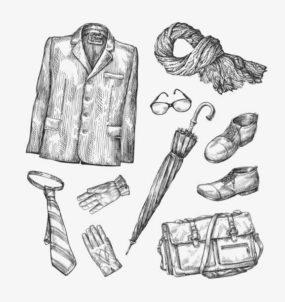 ilustraciones, imágenes clip art, dibujos animados e iconos de stock de moda. vector colección de ropa de hombre. paraguas de boceto dibujado a mano - umbrella men business businessman