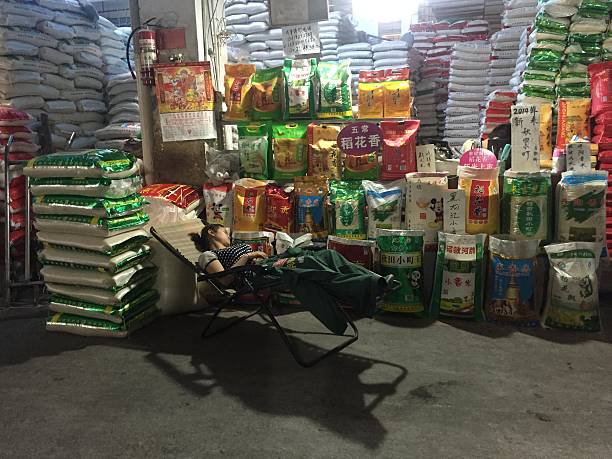 Woman sleeping at rice stall Shanghai, China - June 12, 2015: Woman sleeping at rice stall in Hunan Rd market.  rice sack stock pictures, royalty-free photos & images