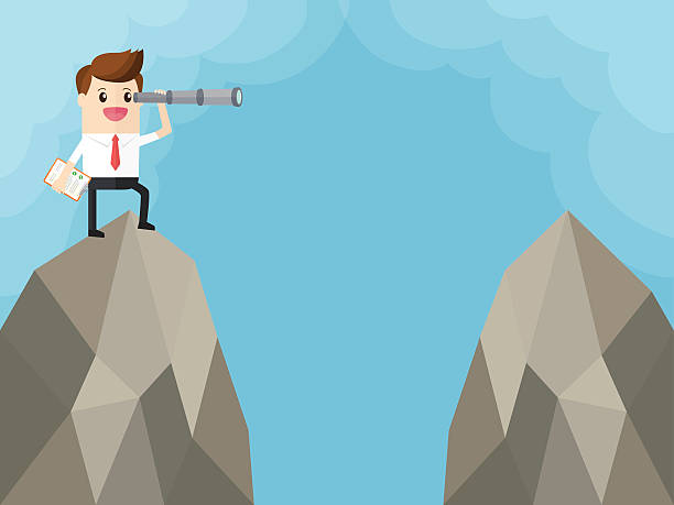 istock businessman standing on top of mountain and looking through telescope 589570662