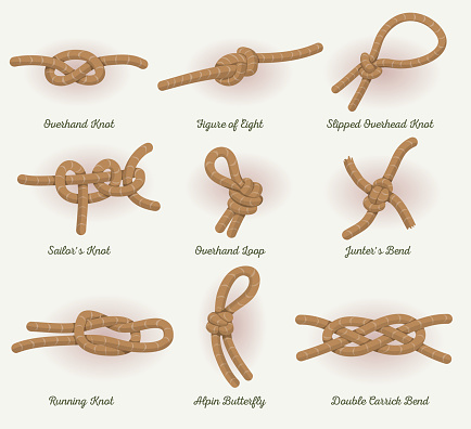 Illustration of a set of marine, fisher and sailor rope knots icons, with noose, slipknot, tightrope, bowstring and other nodes specialties, with text legends