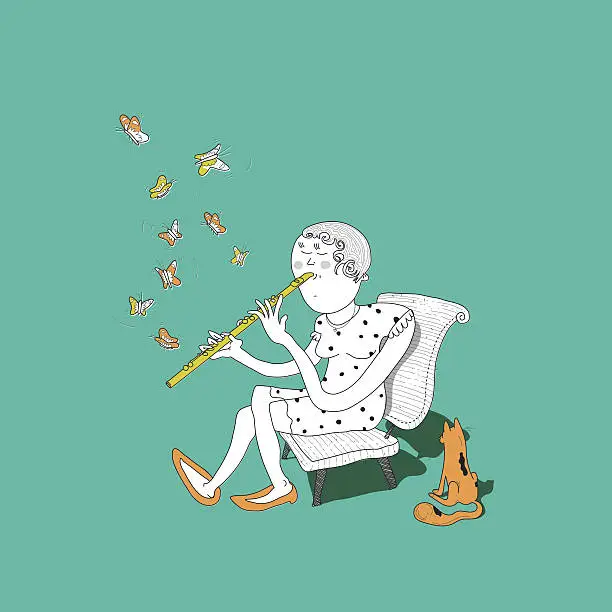 Vector illustration of Playing flute for the cat