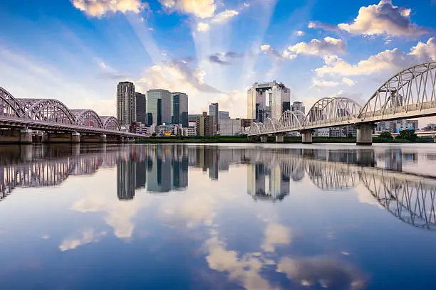 Osaka, Japan downtown skyline on the Yodogawa River at dawn.