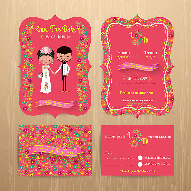 Bride and groom rustic floral wedding invitation card Bride and groom rustic floral wedding invitation card with save the date and rsvp on wood background wedding cartoon stock illustrations