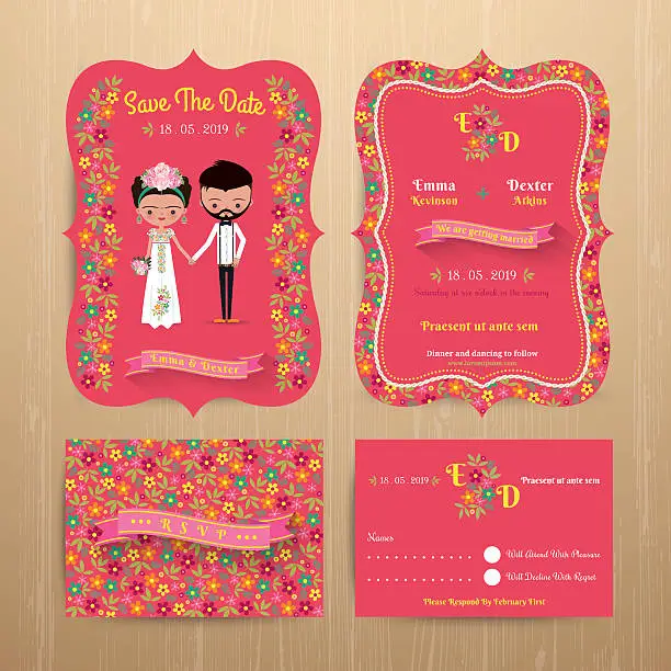 Vector illustration of Bride and groom rustic floral wedding invitation card