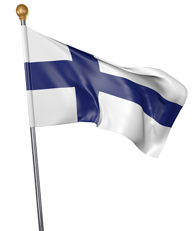 Realistic 3D render of a flag pole with the national flag of Finland waving in the air against a white background.