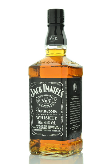 Gdansk, Poland - March 19, 2016: Bottle of Jack Daniels whiskey isolated on white background. Jack Daniels sour mash whiskey has been distilled in Tennessee USA since 1866