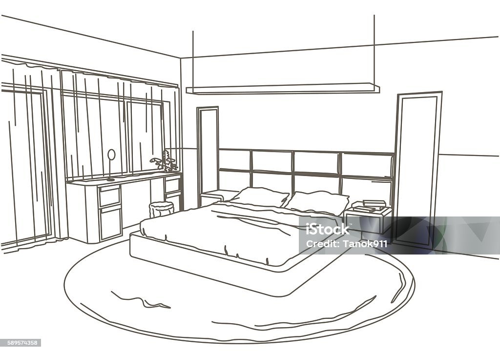 architectural sketch interior modern bedroom white background Backgrounds stock vector