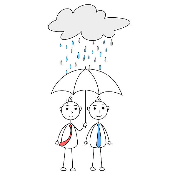 ilustraciones, imágenes clip art, dibujos animados e iconos de stock de hombres de dibujos animados compartiendo paraguas - umbrella men business businessman