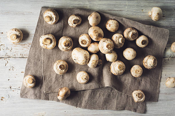 istock Mushrooms on grey napkin on white wooden table top view 589576464
