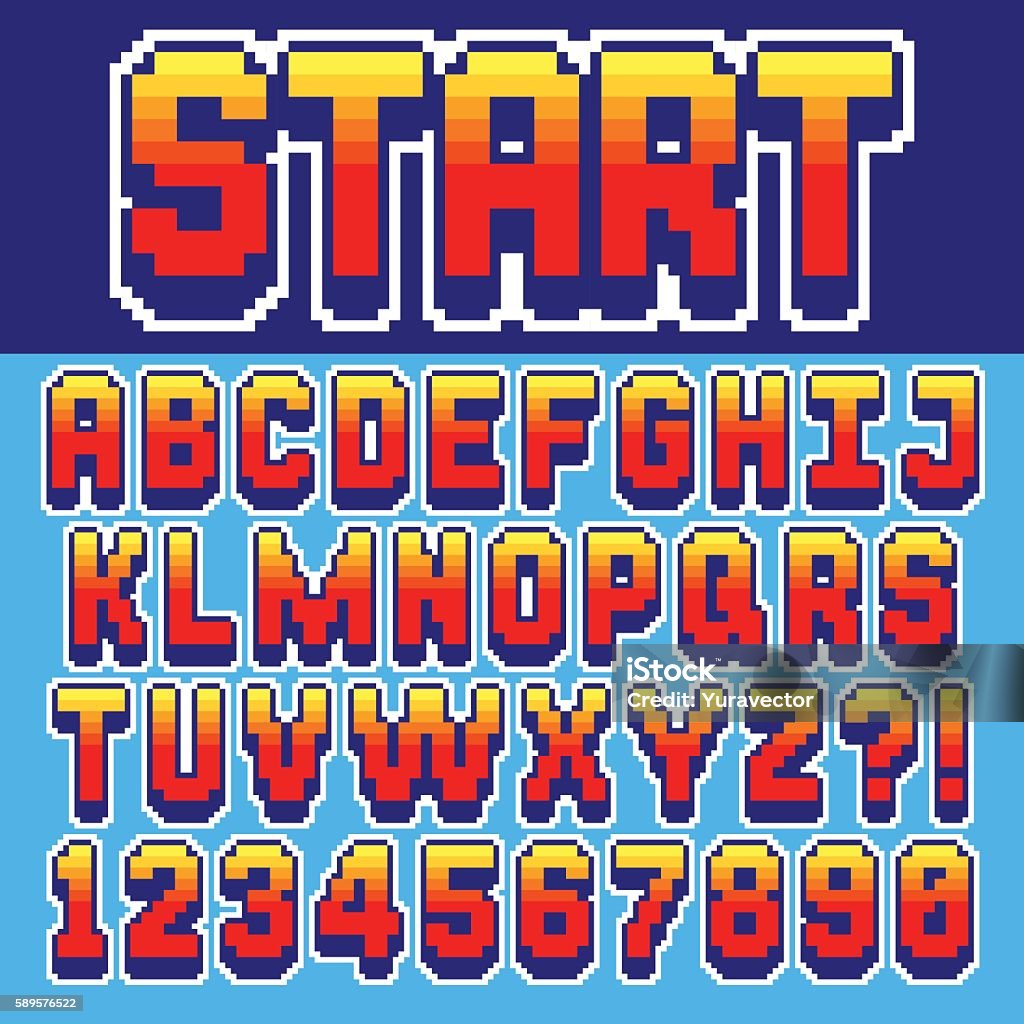 Pixel retro font Pixel retro font Video computer game design 8 bit letters and numbers Electronic futuristic style Vector abc Video Still stock vector