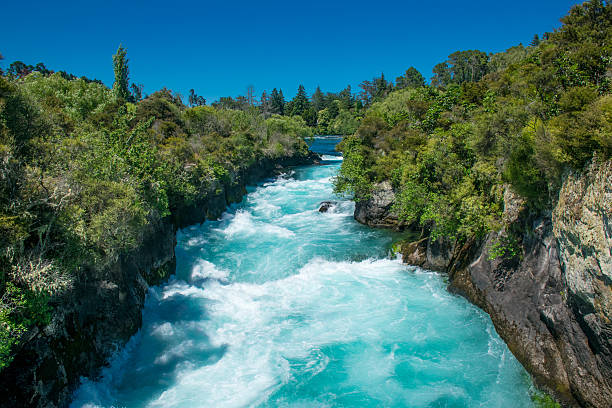 Huka Falls, Waikato River, New Zealand New Zealand, Lake Taupo, Taupo, Travel Destinations waikato river stock pictures, royalty-free photos & images