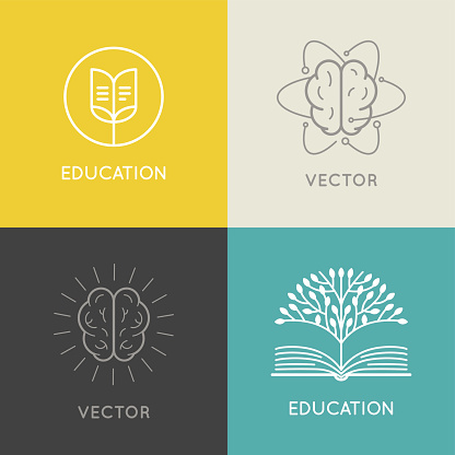 Vector abstract logo design template - online education and learning concept - book emblem and brain icons  - emblem for courses, classes and schools