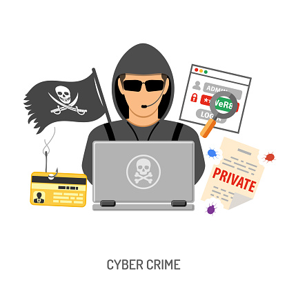 Cyber Crime Concept for Flyer, Poster, Web Site, Printing Advertising Like Hacker, Virus, Bug, Error, Spam and Social Engineering. Isolated vector illustration.