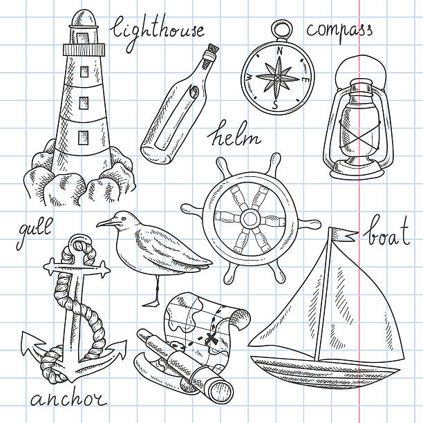 ilustraciones, imágenes clip art, dibujos animados e iconos de stock de juego de náutica - helm nautical vessel sailing ship sailing