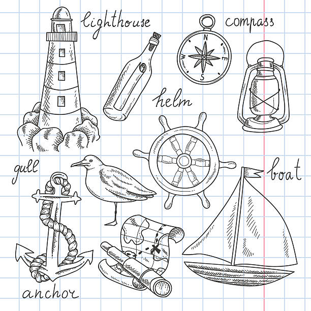 ilustrações, clipart, desenhos animados e ícones de nautical conjunto de - helm nautical vessel sailing ship sailing