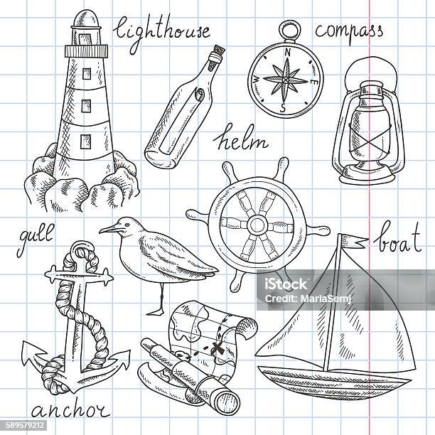 Nautical Set Stock Illustration - Download Image Now - Drawing - Art Product, Nautical Vessel, Plan - Document