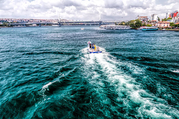 Cruising yachts navigate the waters near Prince Islands, showcasing a busy skyline in the distance under a cloudy sky during a pleasant day.
