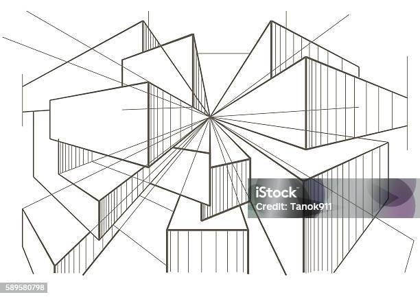 Abstract Architectural Sketch Of Boxes In Perspective Stock Illustration - Download Image Now