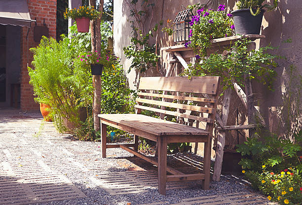 istock Wooden bench outside 589585436