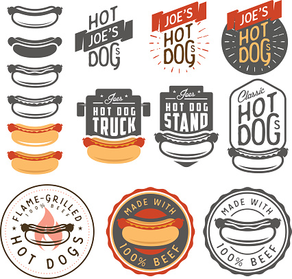 Set of vintage hot dog labels, badges, emblems and design elements.