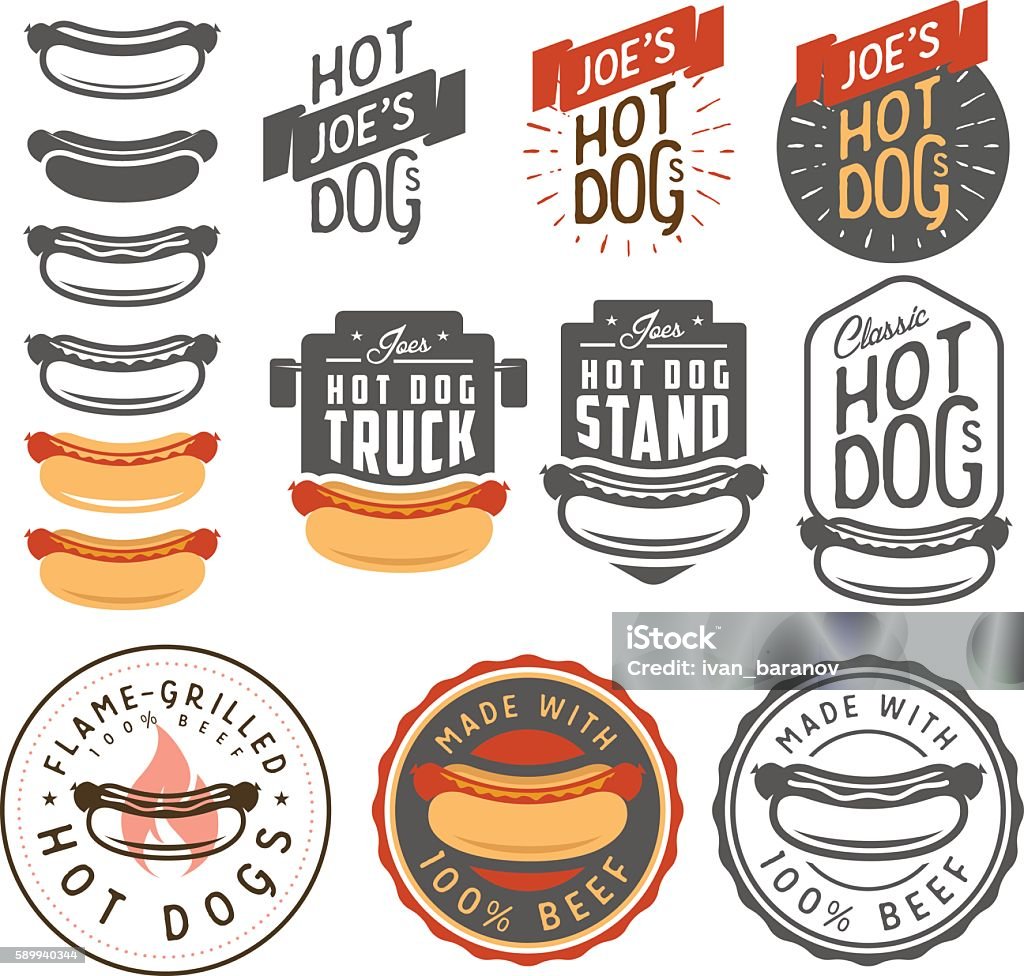 Set of vintage hot dog labels, emblems and design elements Set of vintage hot dog labels, badges, emblems and design elements. Hot Dog stock vector