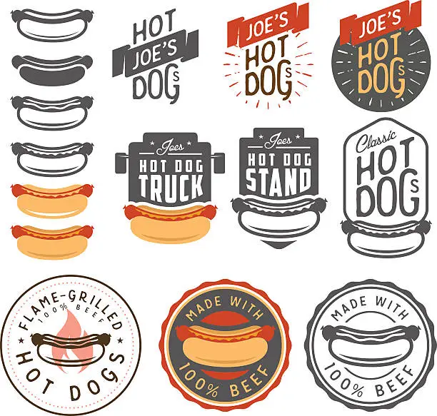 Vector illustration of Set of vintage hot dog labels, emblems and design elements