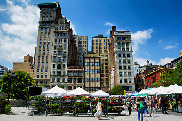 NYC Urban Life, People, Outdoor Farmers Greenmarket, Union Square, Manhattan New York City, USA - August 05, 2016: People are seen shopping at the Farmers Greenmarket in Union Square, Manhattan on a summer afternoon. union square new york city stock pictures, royalty-free photos & images