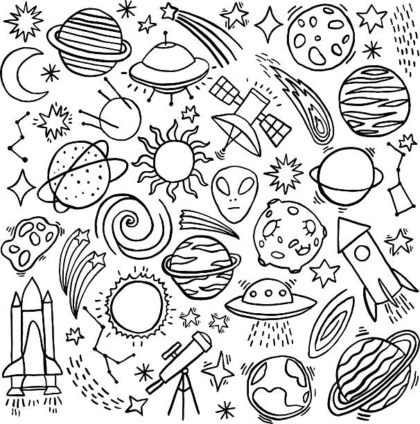 Cosmos space hand-drawn doodle icon set Cosmos space hand-drawn doodle set. Vector illustration industrial ship military ship shipping passenger ship stock illustrations