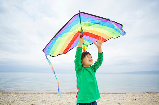 Little boy playing with kite at the beach