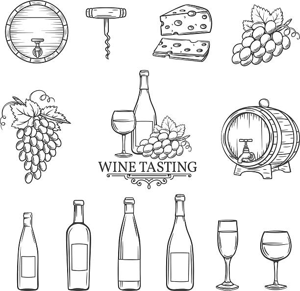 vector hand draw wine icons set on white Hand draw wine icons set on white. Decorative wine icons . Monochrome icons wine in old style for the design of wine labels cards brochures. Wine vector illustration. wine bottle illustrations stock illustrations